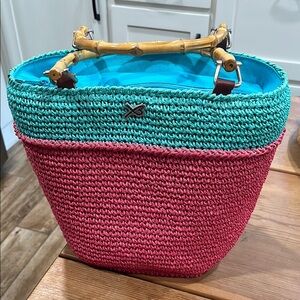 Betmar New York Pink and Teal Woven Tote Bag with Bamboo Handles